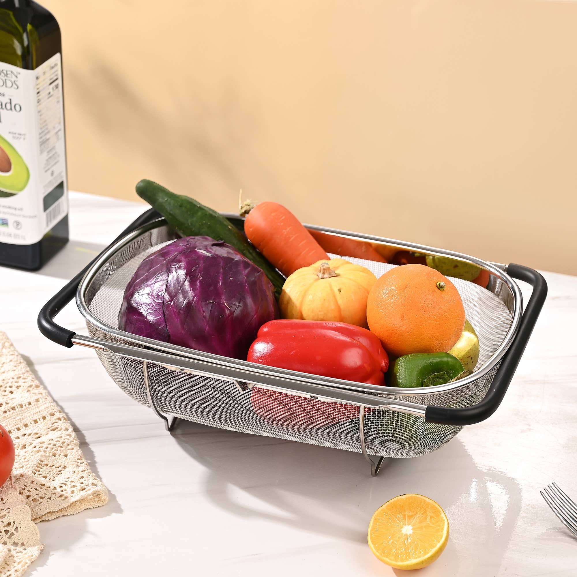 Large Stainless Steel Colander, Extendable Handle | Sweeterson Farms, LLC